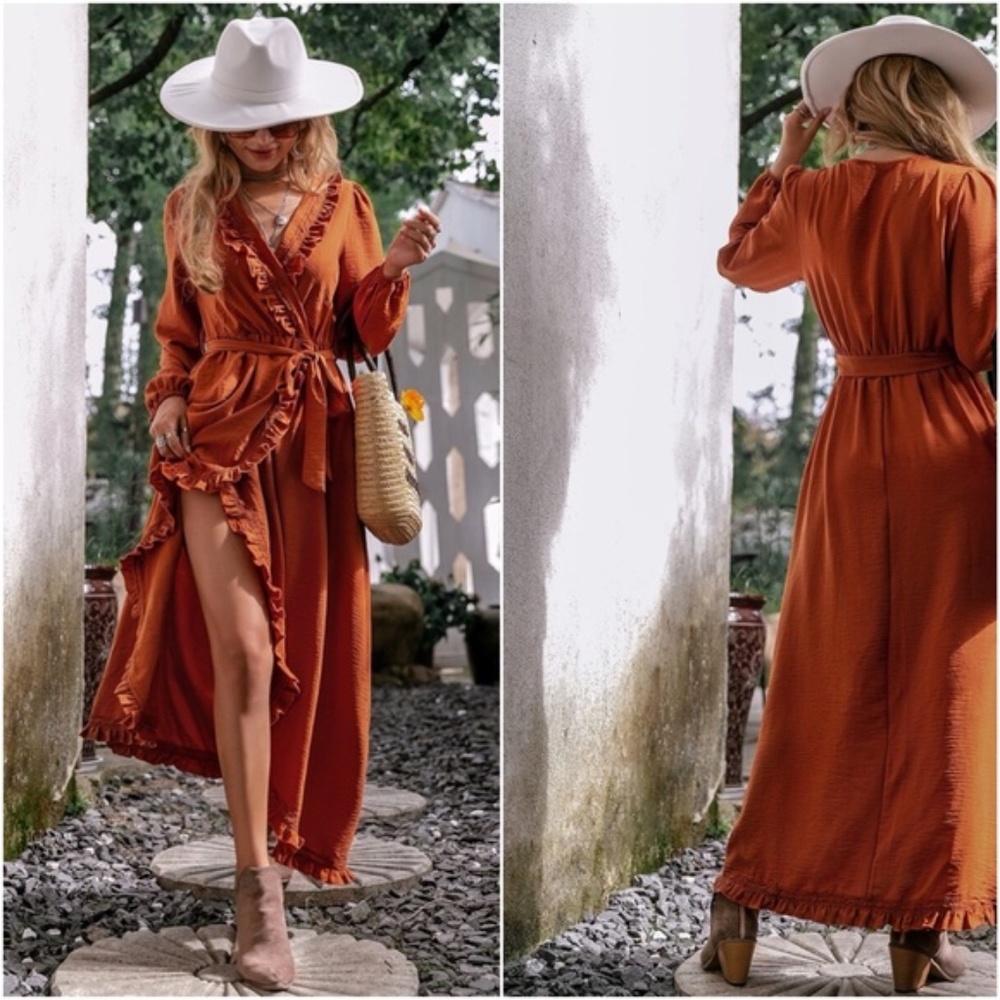 Bohemian Rust Orange Ruffle Wrap Maxi Dress Gypsy - Picture 13 of 13